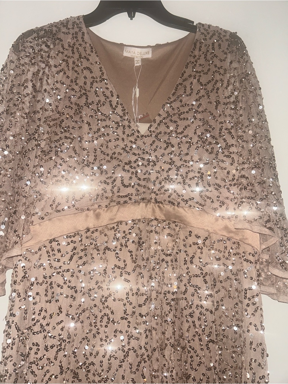 Women's Sequined V-Neck Top with in Champagne maternity floor length gown sz 16
